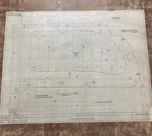 A top-down view of a technical drawing of a Rear Side Curtain, from Birmingham Small Arms