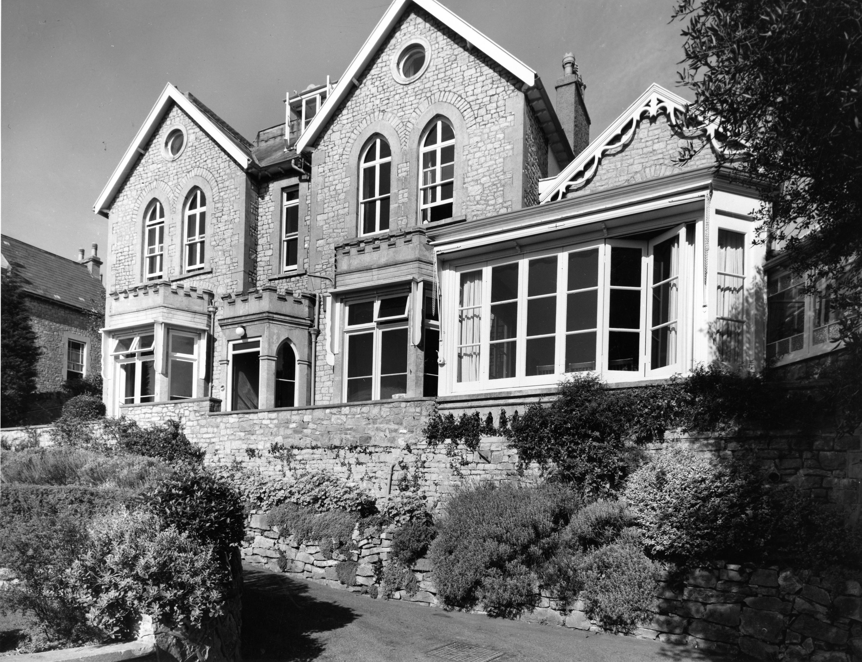 Photograph showing exterior of Inwood House. Black & White.