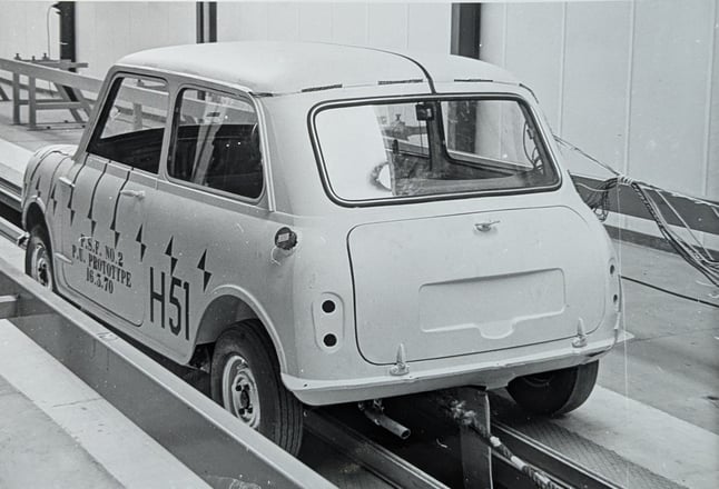 A polyurethane prototype Mini undergoes crash testing