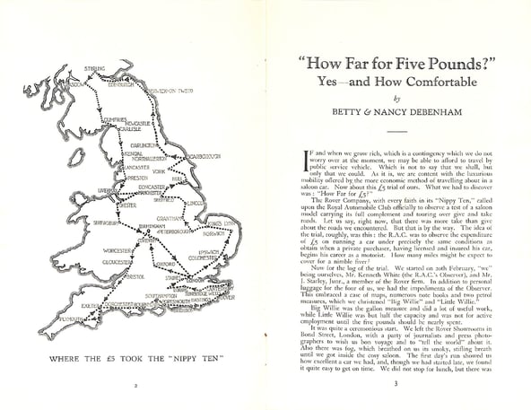 A double-page scan of a booklet, with a map of the UK on the left.The inside of the booklet authored by Betty and Nancy shows a map of the £5 journey
