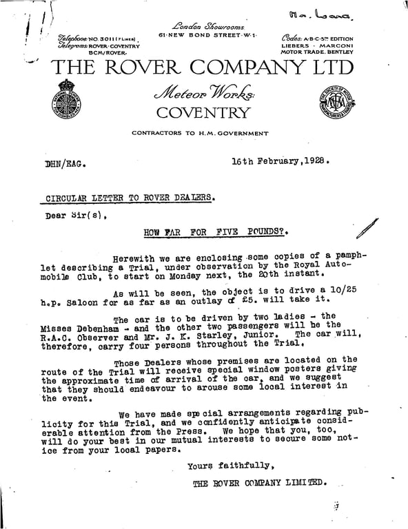 Typescript letter with a white background, dated 1928. The letter sent to Rover dealers to encourage promotion of the £5 trial.