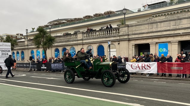 British Motor Museum London to Brighton - Mike Brewer crossing the finish line in the Thornycroft