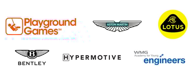Logos for Bentley, Lotus, Playground Games, Aston Martin, Hypermotive and the WMG Academy for Young Engineers