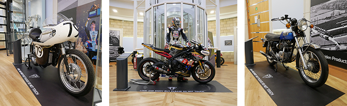 Three motorcycles from the exhibition. Left to right: 1966 Triumph 500, 2019 Triumph Daytona 675R, 1974 Triumph Daytona 500