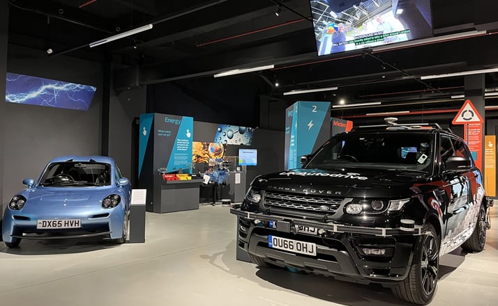 Transitions Exhibition featuring an autonomous Range Rover and concept hydrogen powered car.