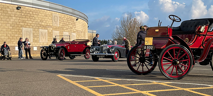 A view of the car park, with the Albion Dog Cart, Rover Reavell Special and Austin Tourer.