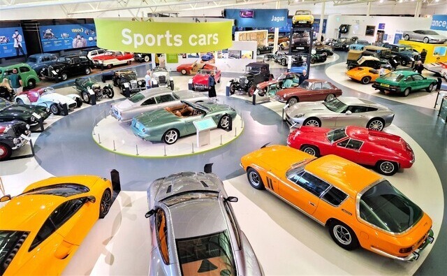 The sports cars display in the British Motor Museum, featuring cars from Aston Martin, Jensen, McLaren and more.
