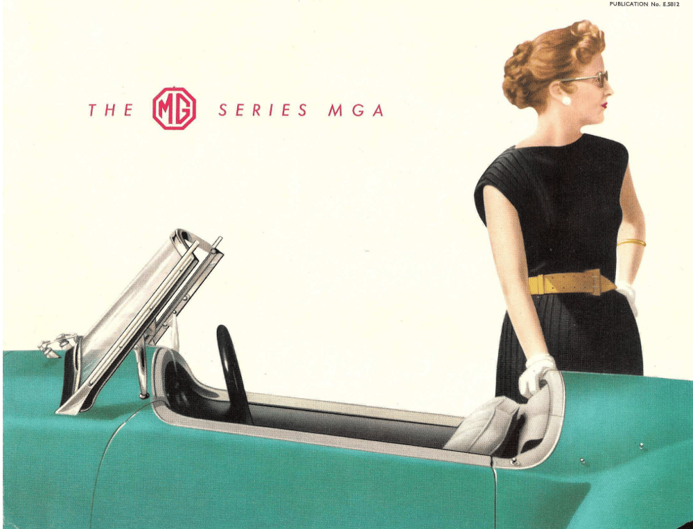 sales brochure cover for the MGA from 1958, featuring a woman stood next to a green MGA 